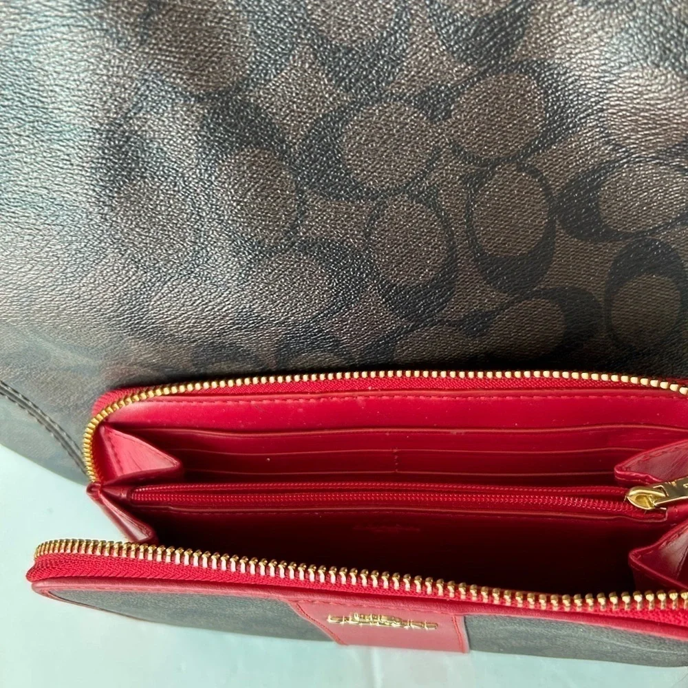 Coach EUC Red Leather Trim and Signature Print Handbag with matching wallet - Picture 3 of 7